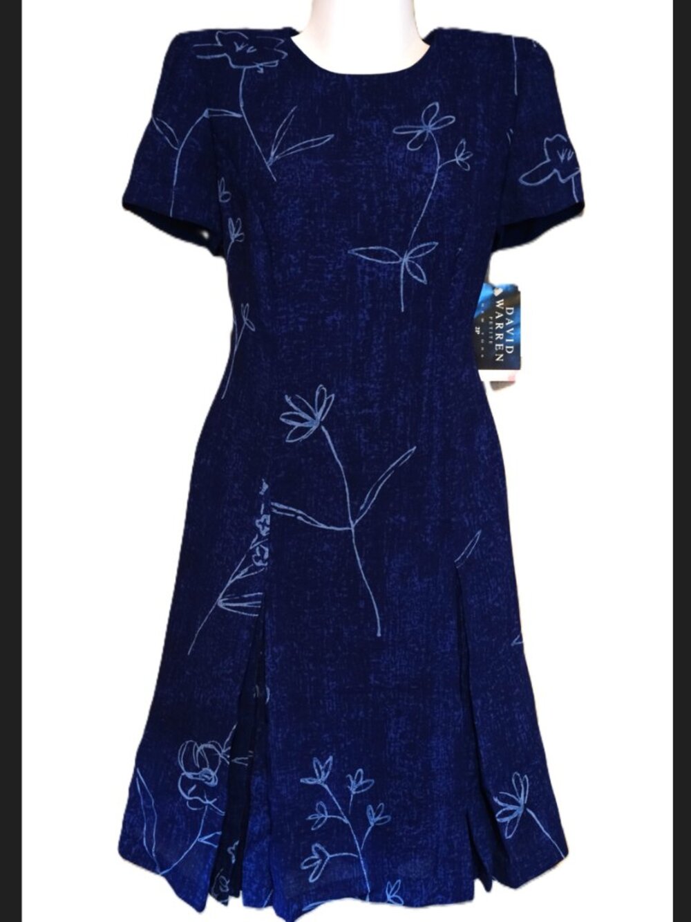 Vintage 90s David Warren NWT Blue Floral Midi Dress Size 2P Petite